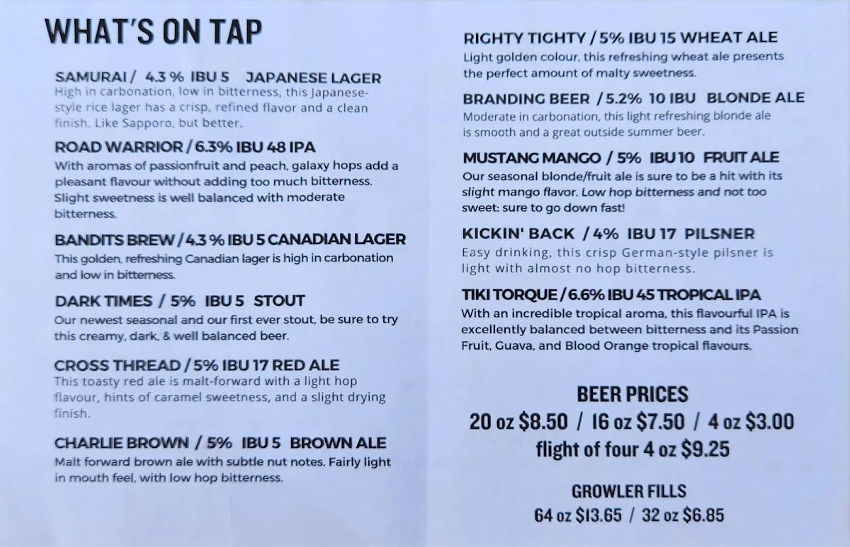 Menu, Piston Broke Brewing