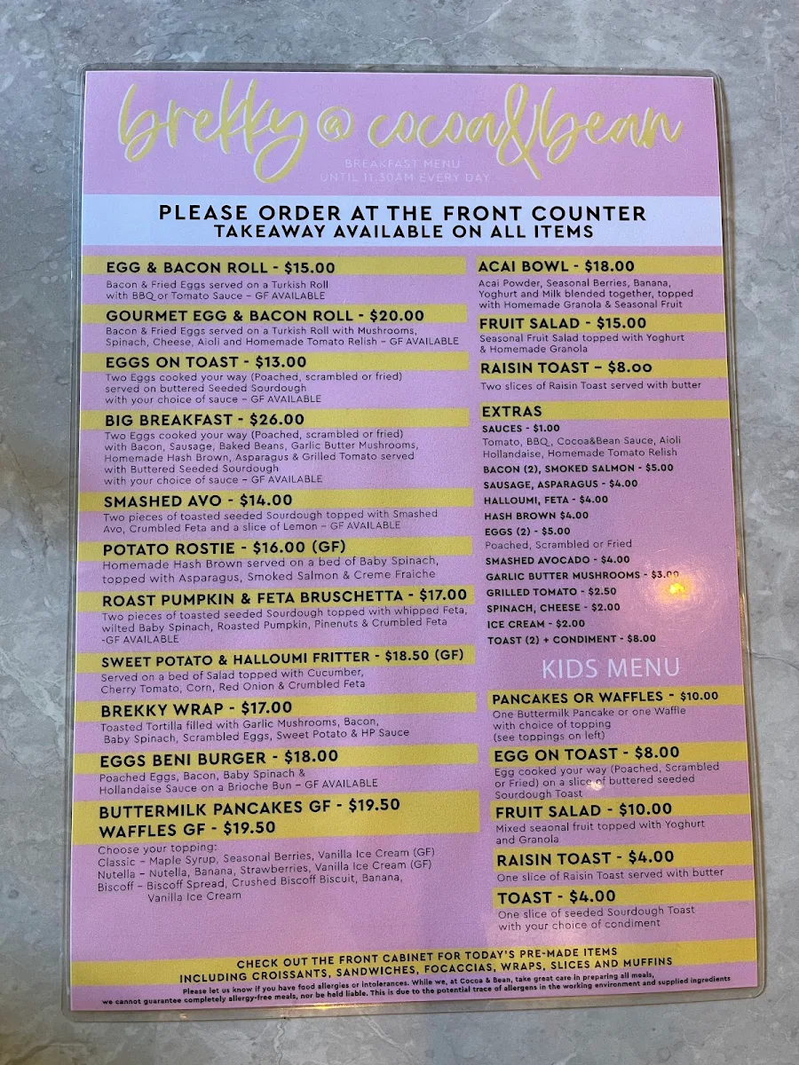 Menu, Cocoa & Bean