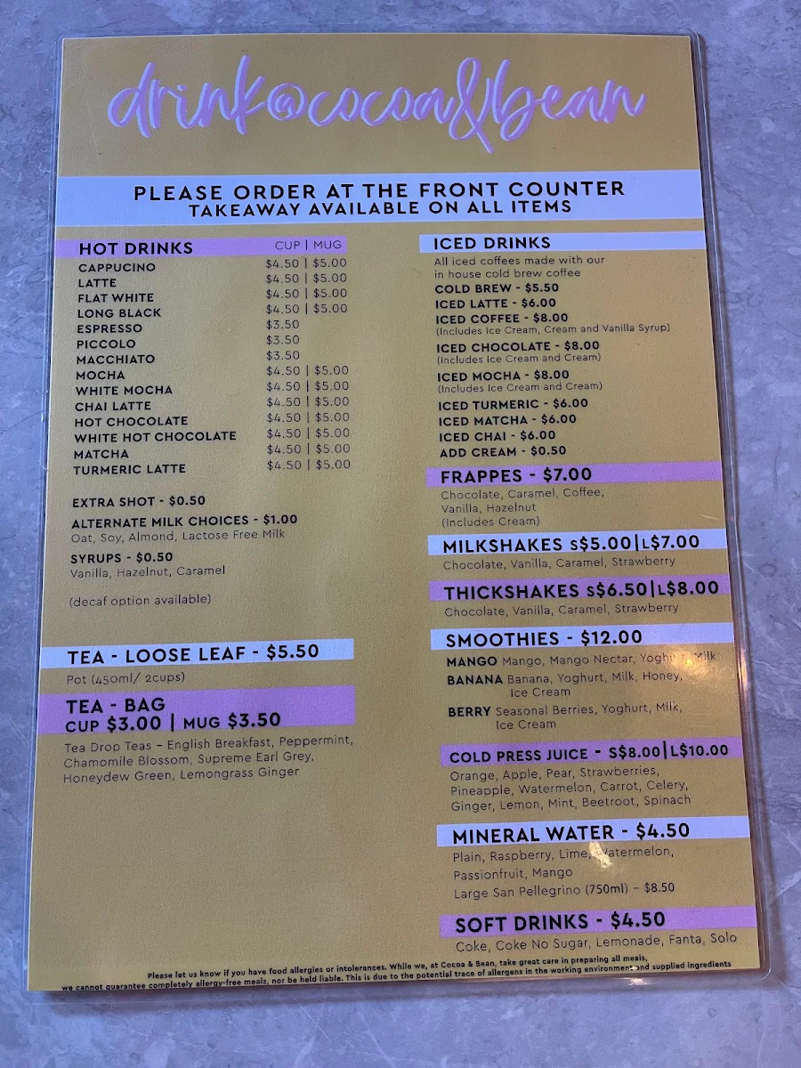 Menu, Cocoa & Bean