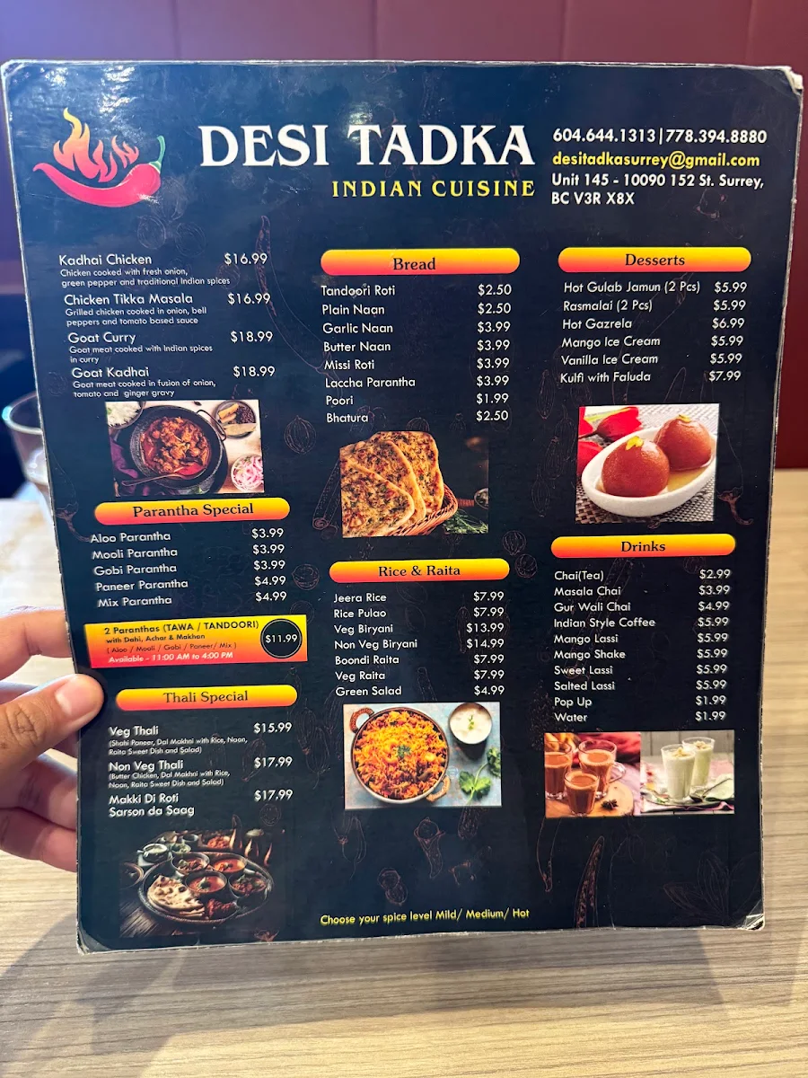 Menu, Desi Tadka Indian Cuisine