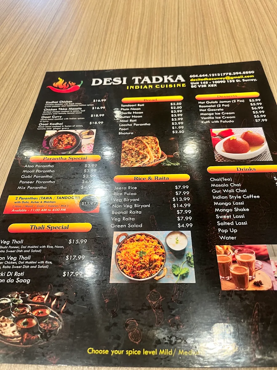 Menu, Desi Tadka Indian Cuisine