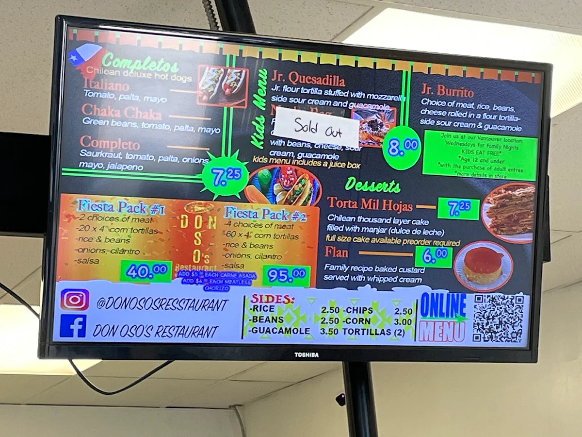 Menu, Sabrosito Restaurant (formerly Don Oso's)