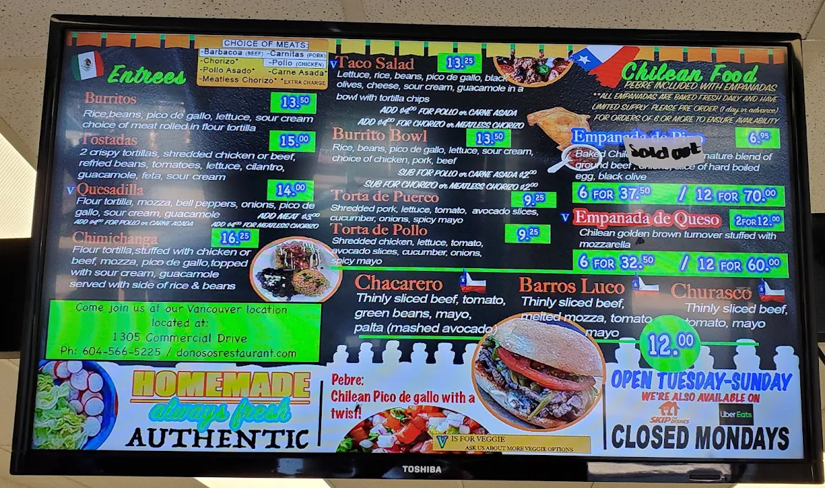 Menu, Sabrosito Restaurant (formerly Don Oso's)