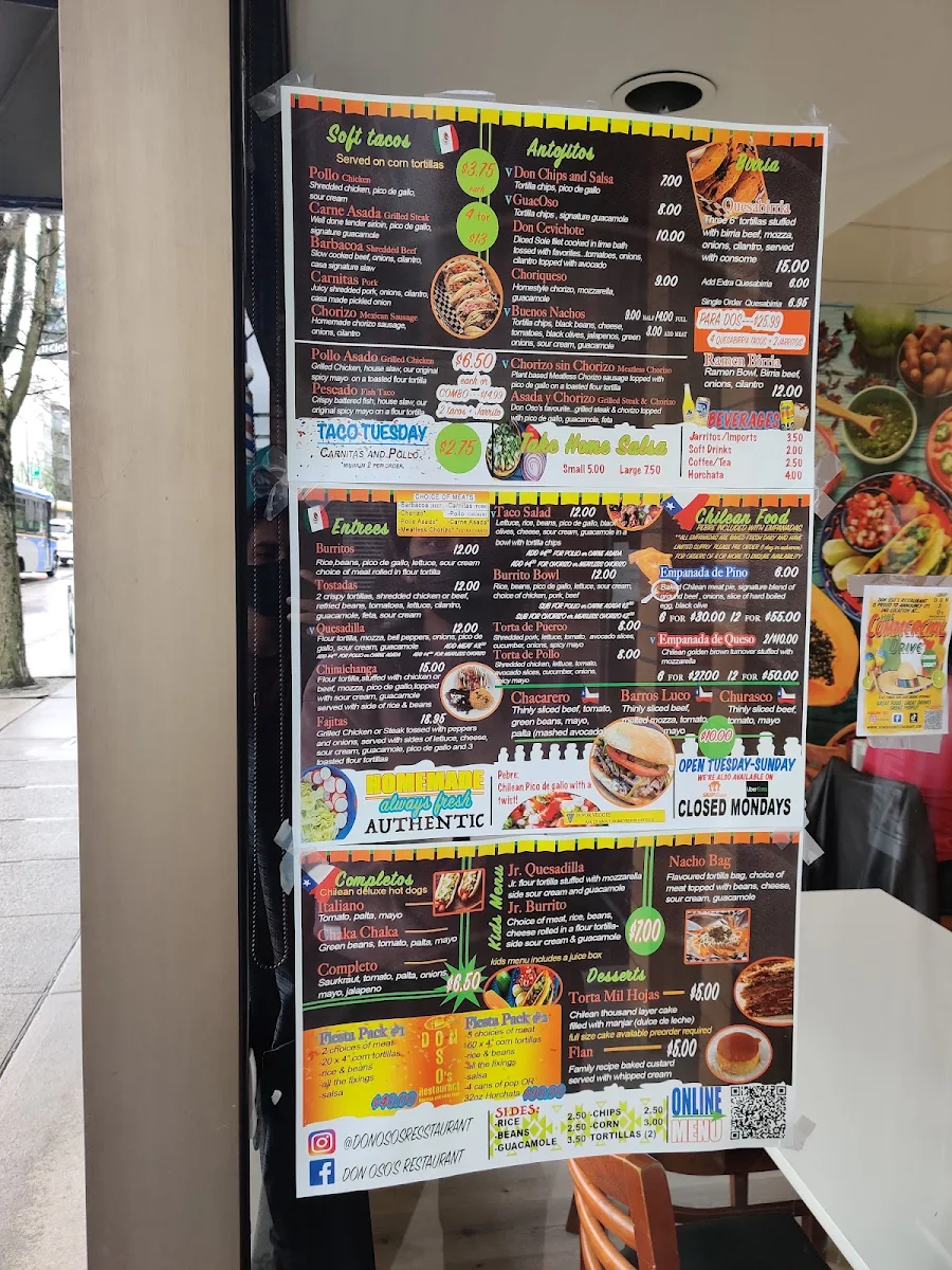 Menu, Sabrosito Restaurant (formerly Don Oso's)