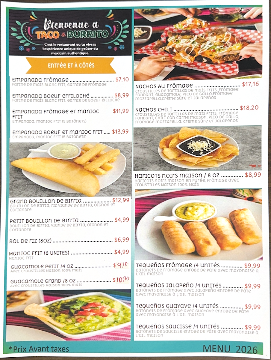 Menu, Taco & Burrito