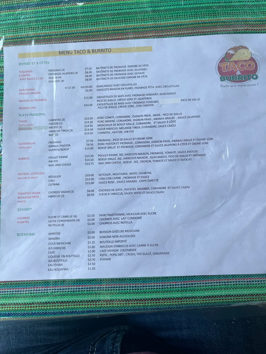Menu, Taco & Burrito