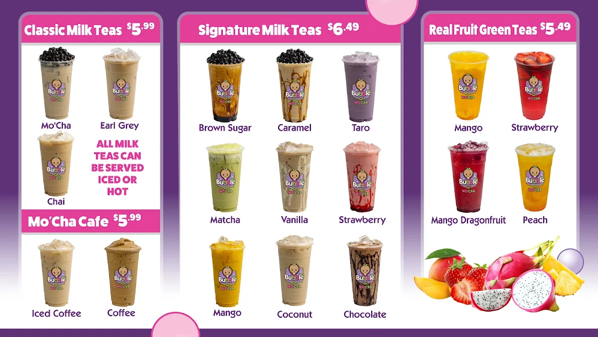 Menu, Mo'Cha Bubble Tea Express