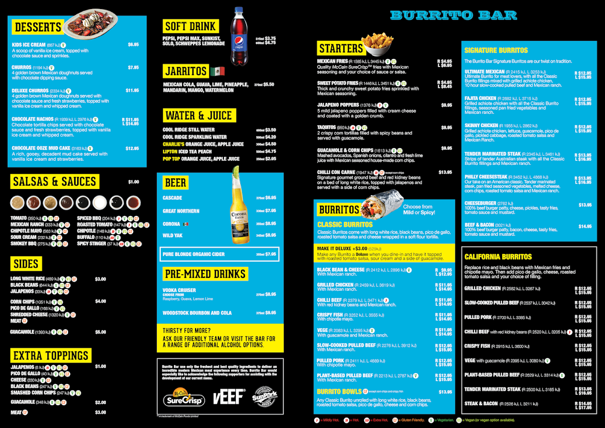 Menu, Burrito Bar Park Ridge