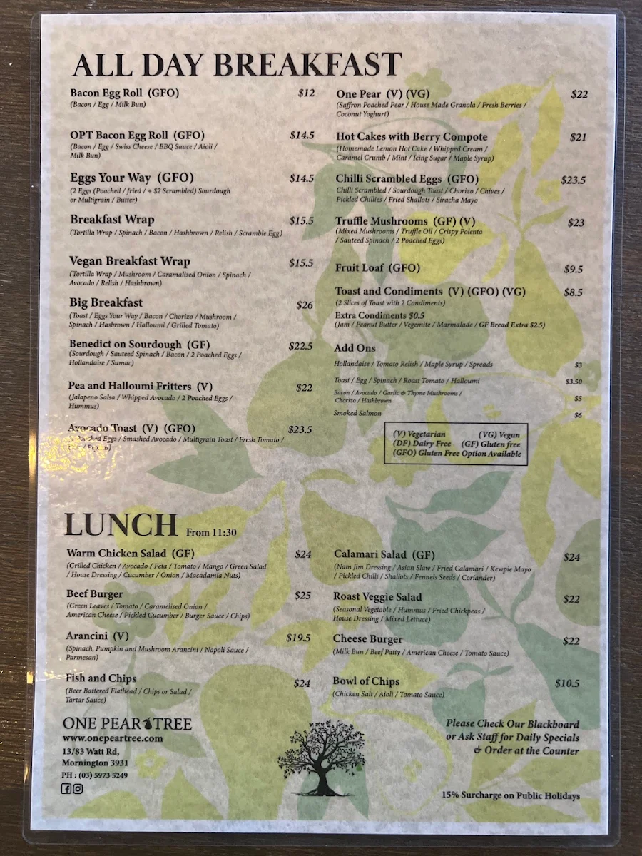 Menu, Golden Brew Cafe Mornington