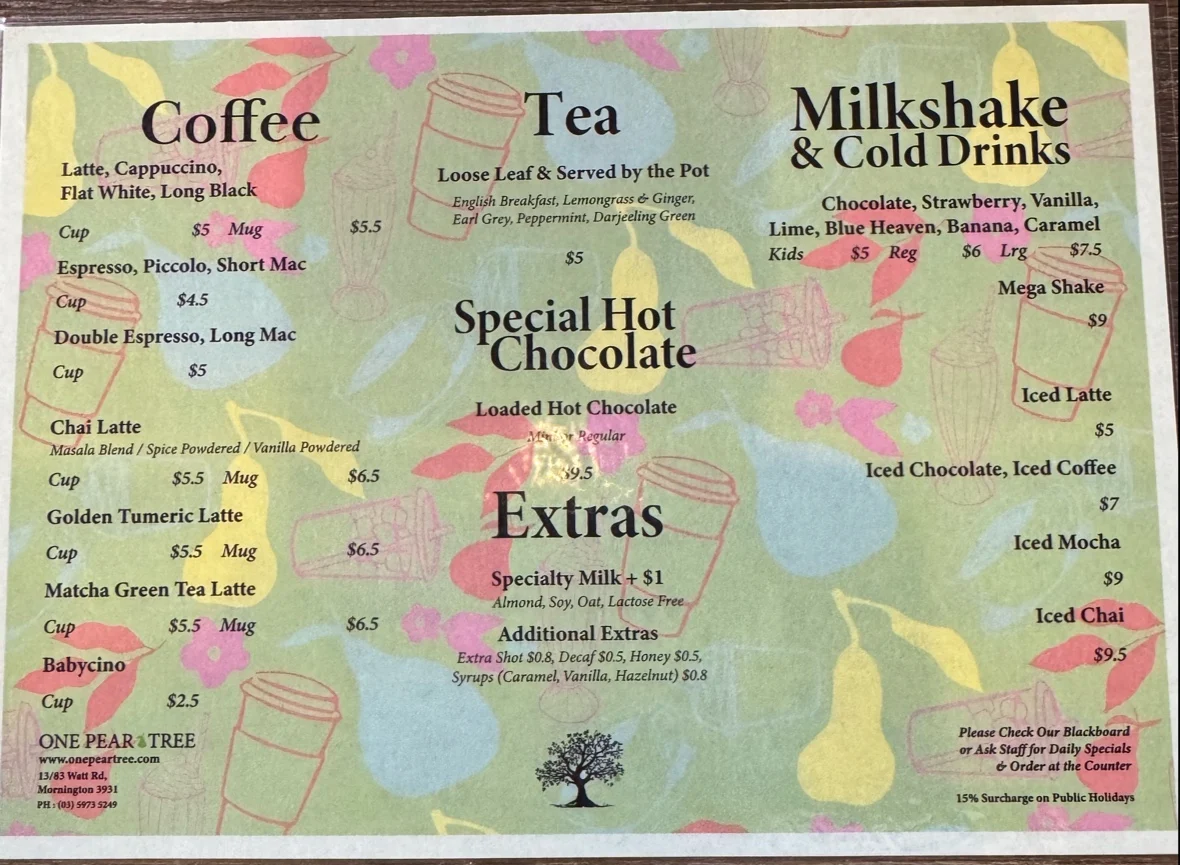 Menu, Golden Brew Cafe Mornington