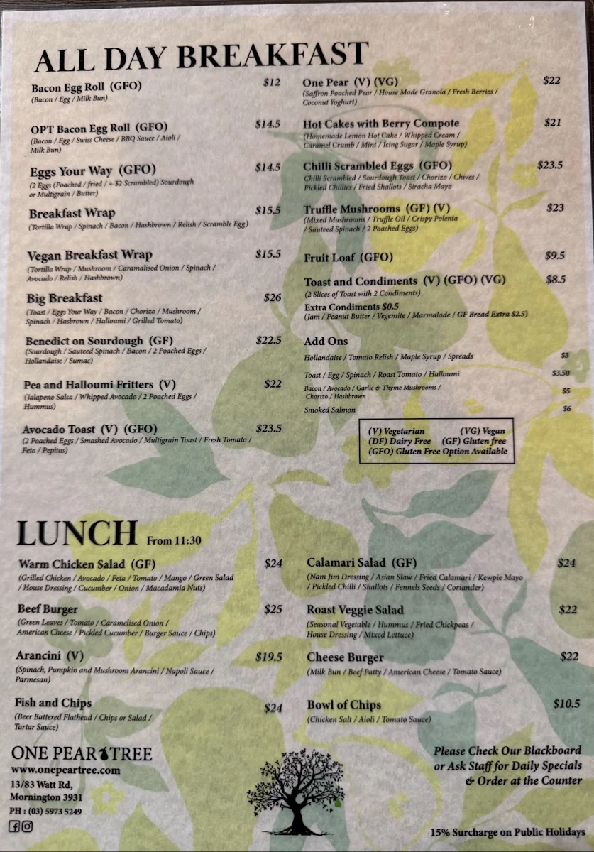 Menu, Golden Brew Cafe Mornington