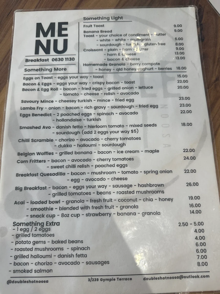 Menu, Double Shot Noosa