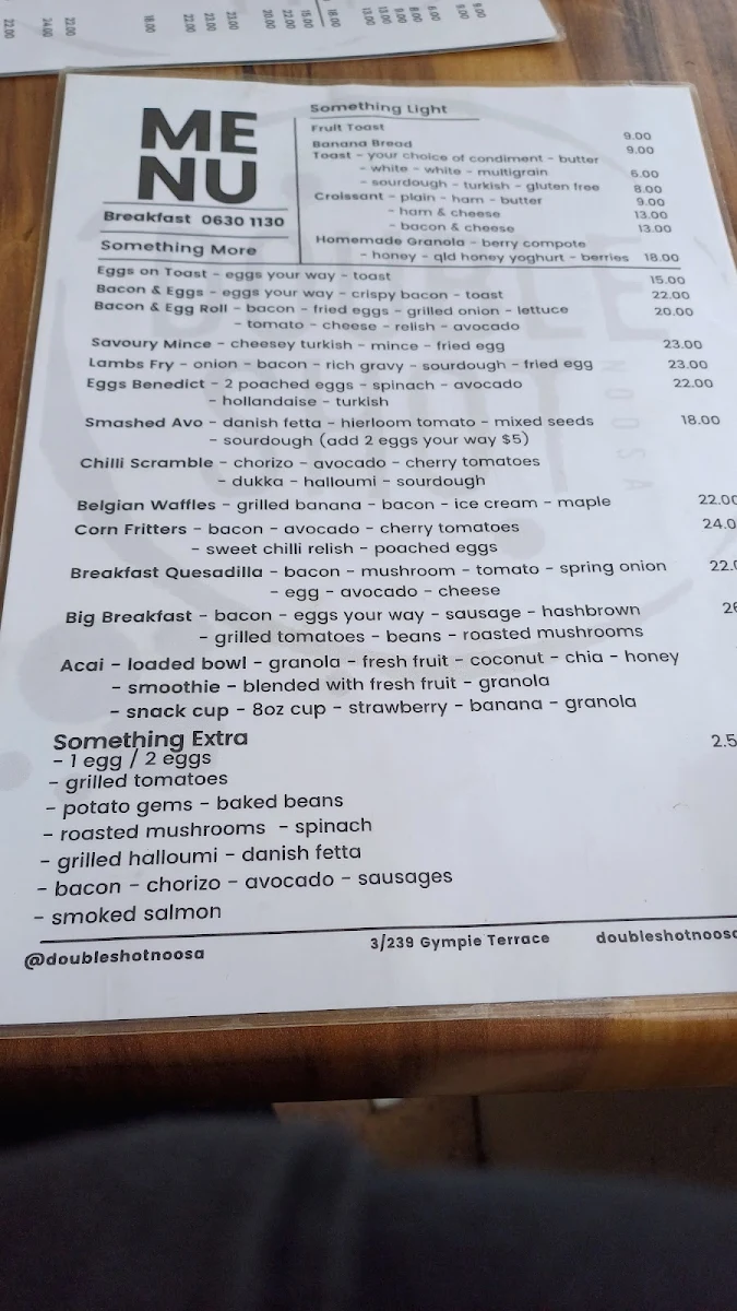 Menu, Double Shot Noosa