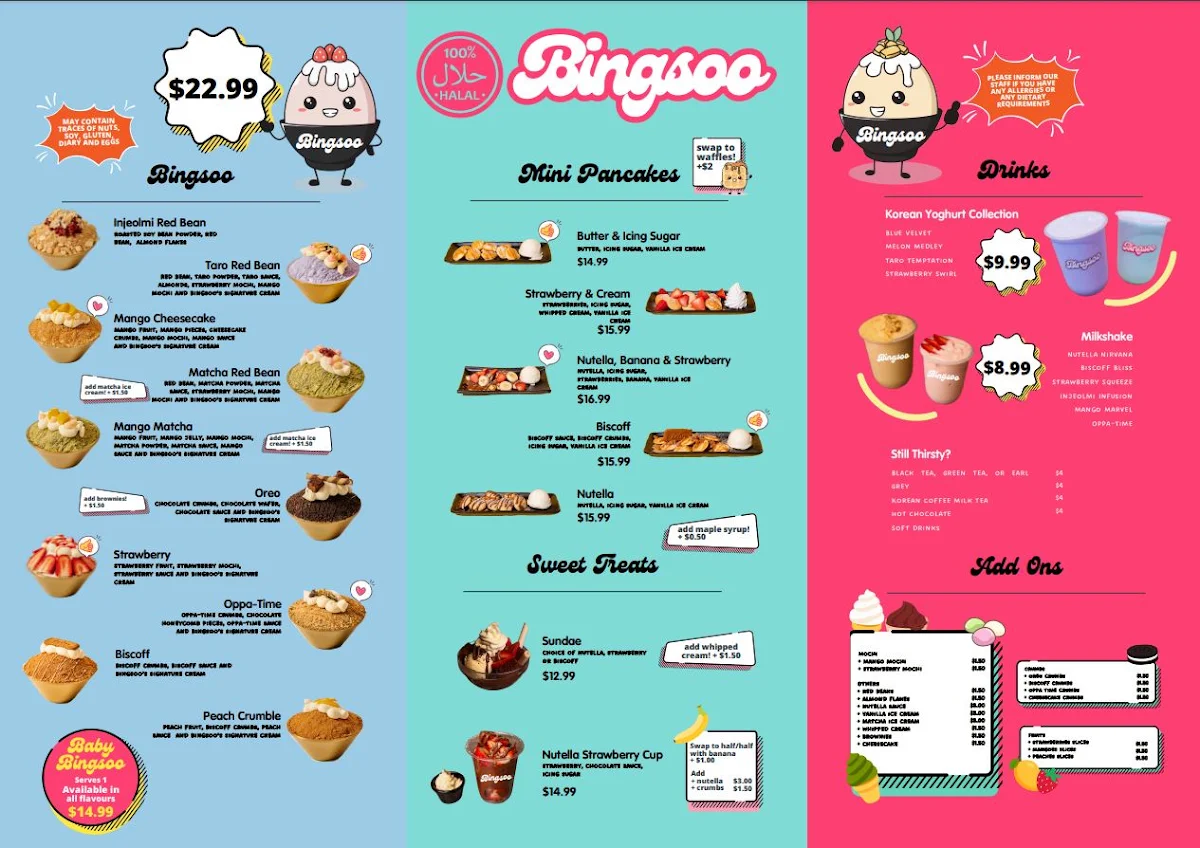 Menu, Bingsoo Desserts Springvale
