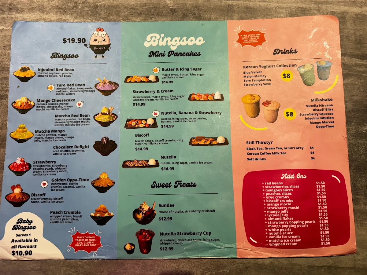 Menu, Bingsoo Desserts Springvale