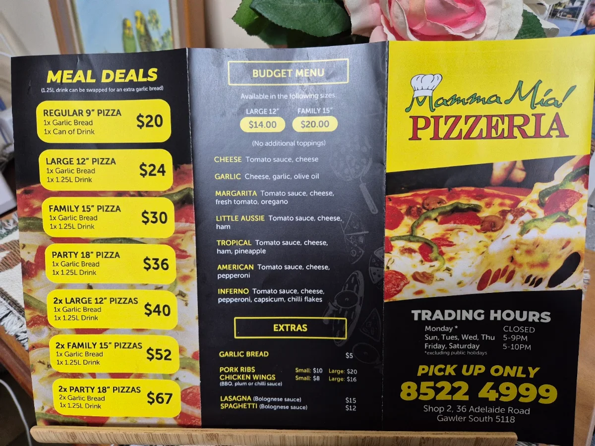 Menu, Mamma Mia Pizzeria