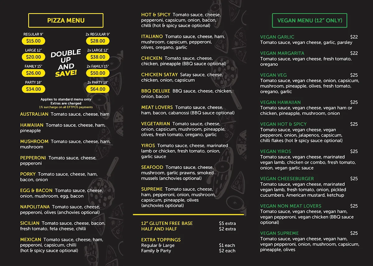 Menu, Mamma Mia Pizzeria