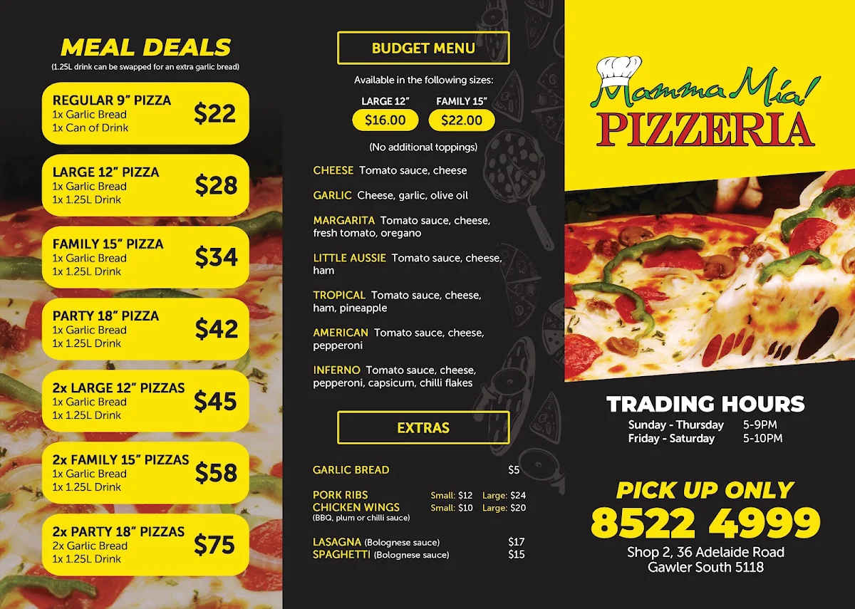 Menu, Mamma Mia Pizzeria