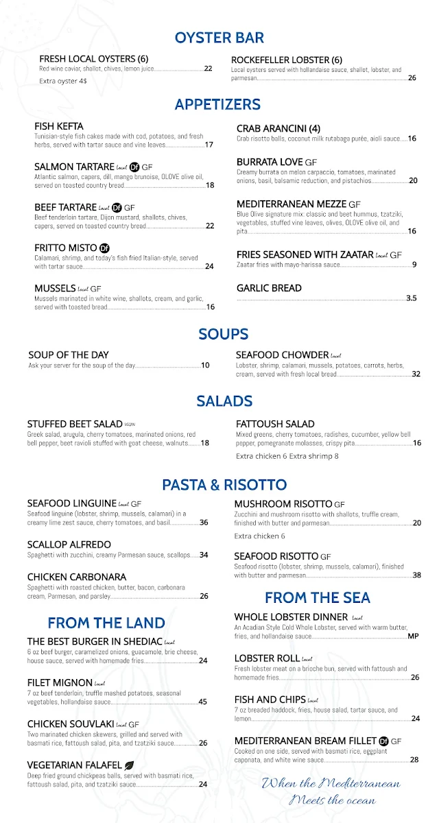Menu, Blue Lobster Cafe + Kitchen & Lounge