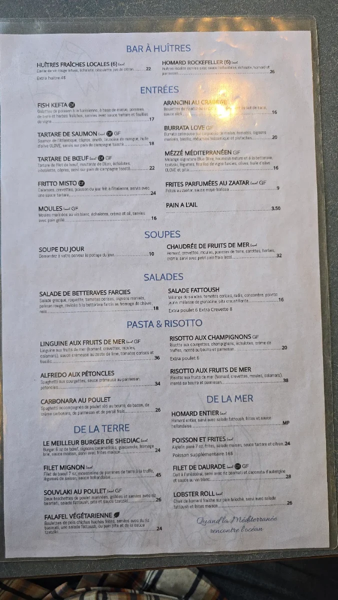 Menu, Blue Lobster Cafe + Kitchen & Lounge