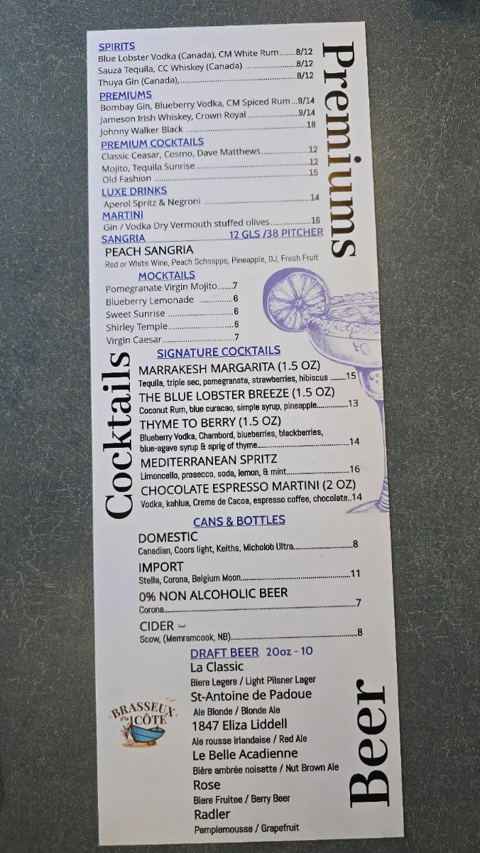 Menu, Blue Lobster Cafe + Kitchen & Lounge