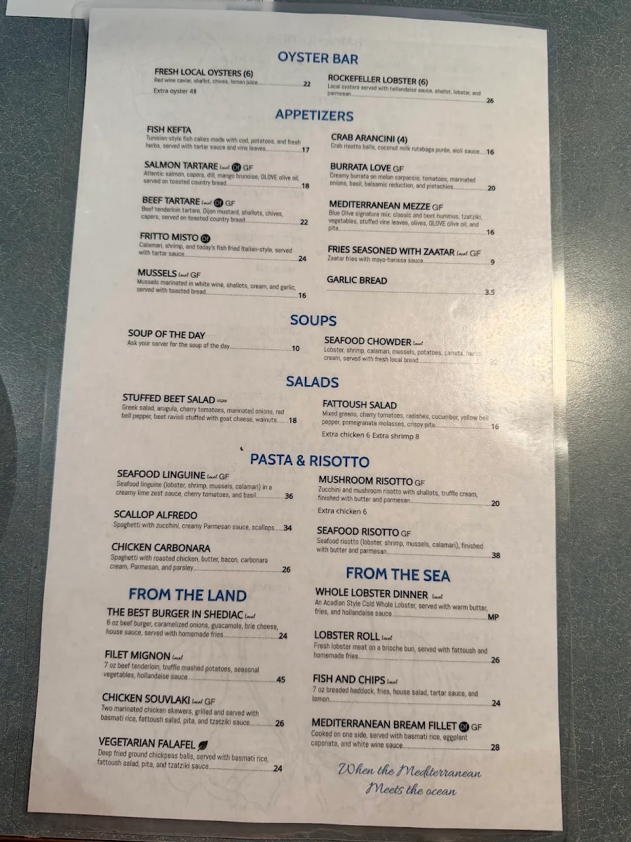 Menu, Blue Lobster Cafe + Kitchen & Lounge