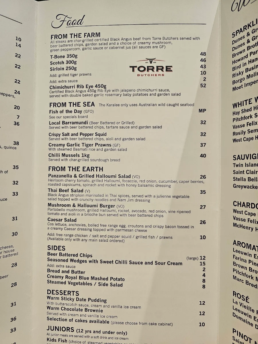 Menu, The Karalee on Preston