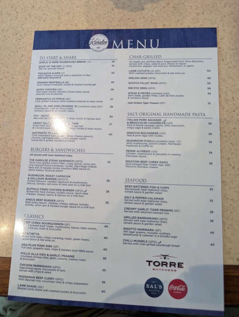 Menu, The Karalee on Preston
