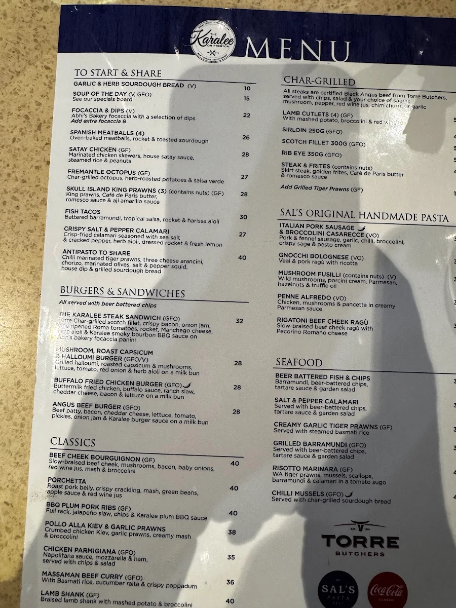 Menu, The Karalee on Preston