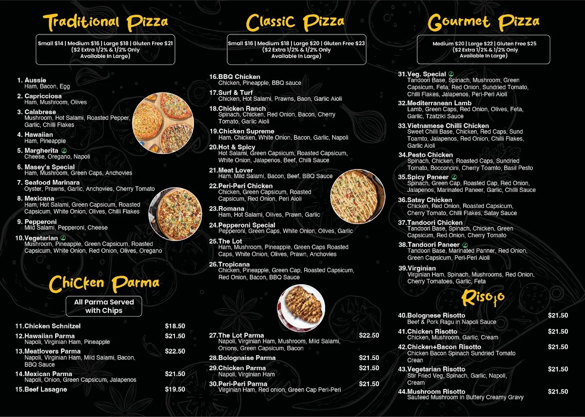 Menu, Maseys Pizza