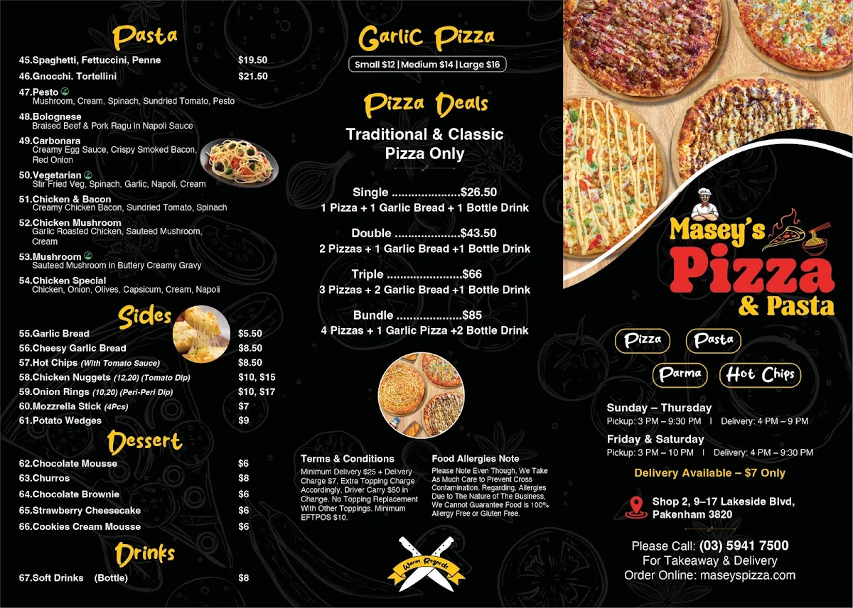Menu, Maseys Pizza