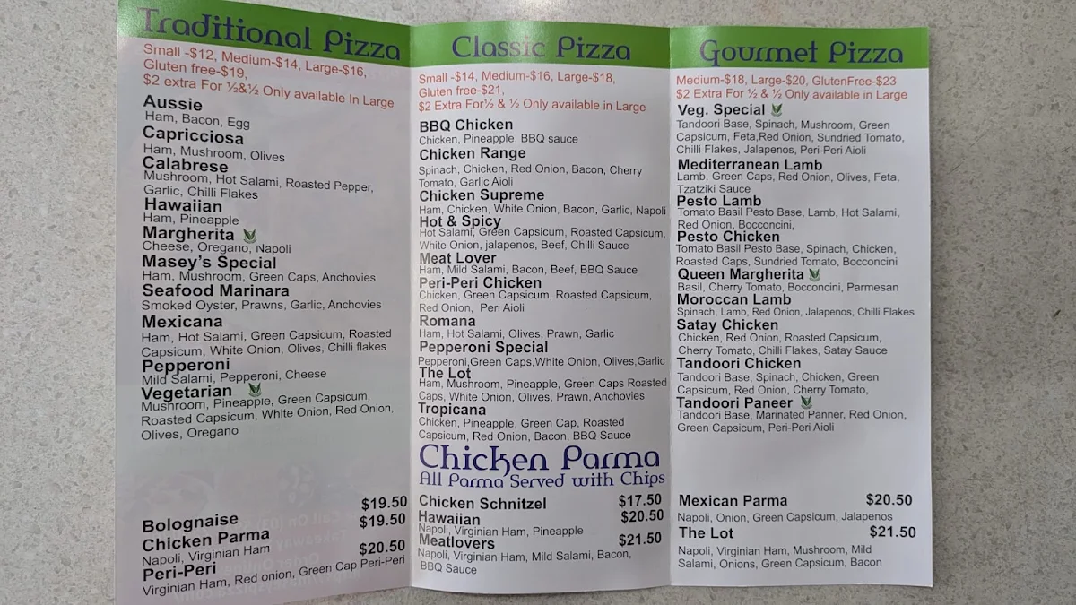 Menu, Maseys Pizza