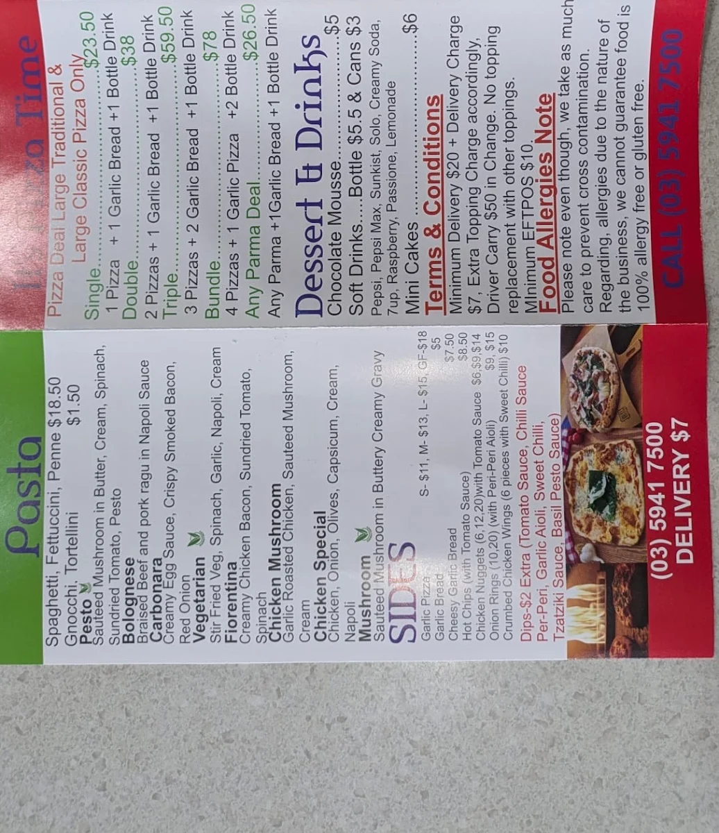 Menu, Maseys Pizza