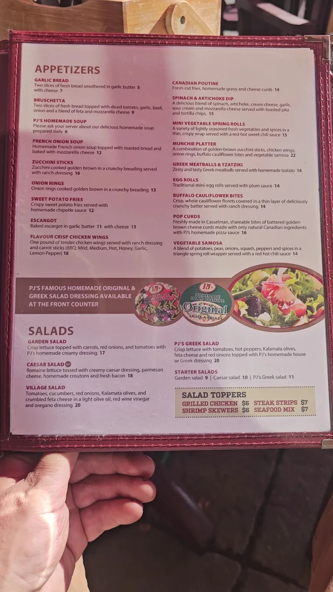Menu, PJ's Restaurant Dining Lounge