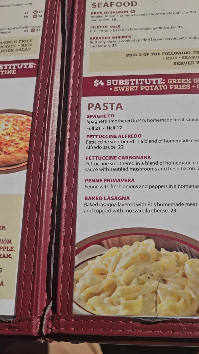 Menu, PJ's Restaurant Dining Lounge