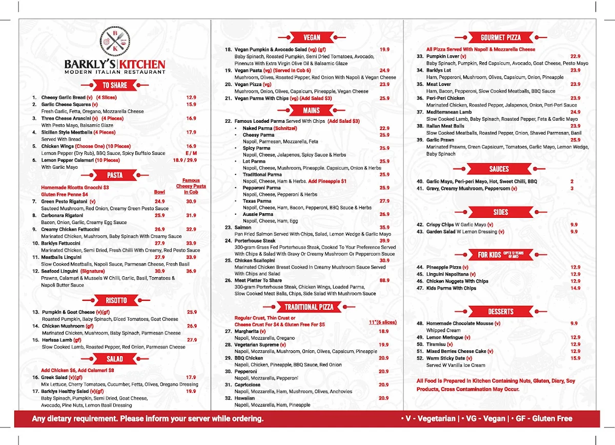 Menu, Barkly's Kitchen