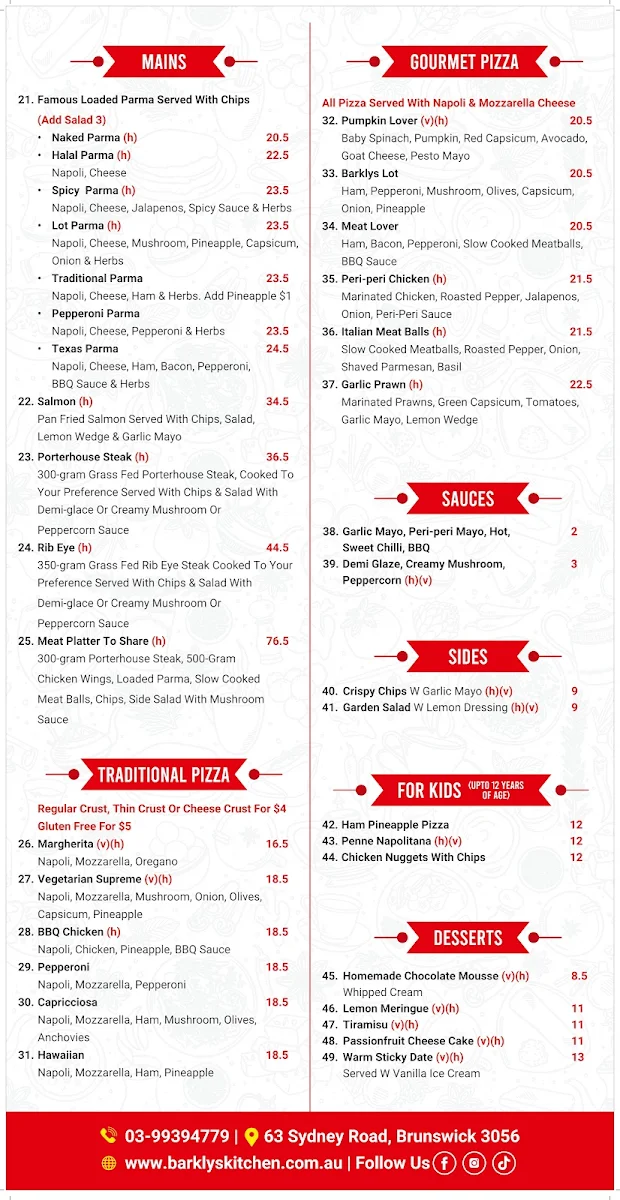 Menu, Barkly's Kitchen