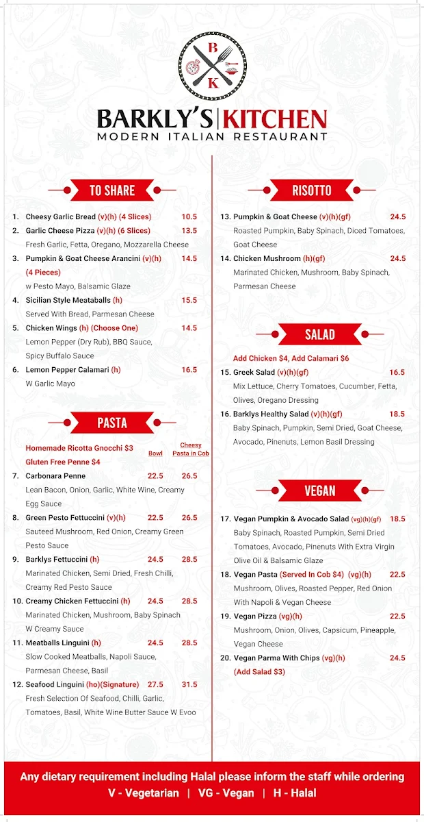 Menu, Barkly's Kitchen