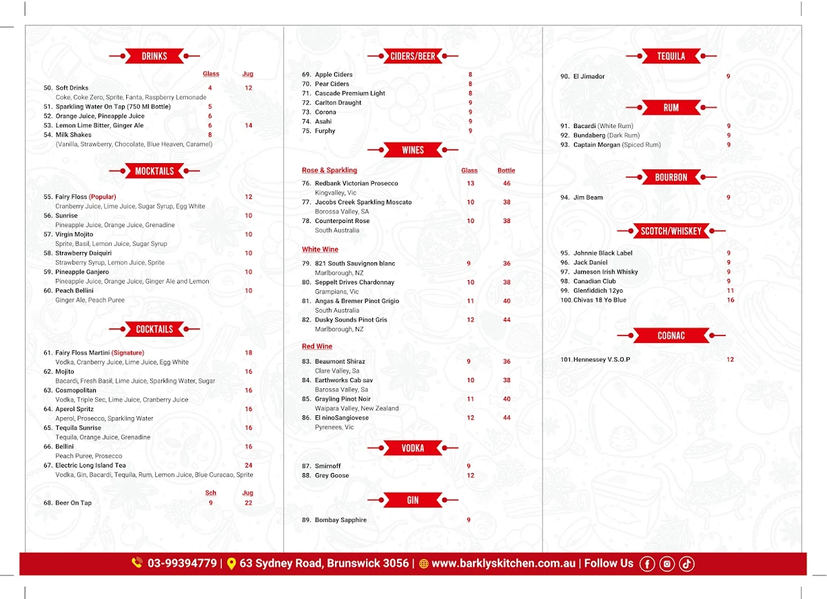 Menu, Barkly's Kitchen