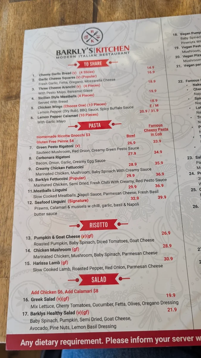Menu, Barkly's Kitchen