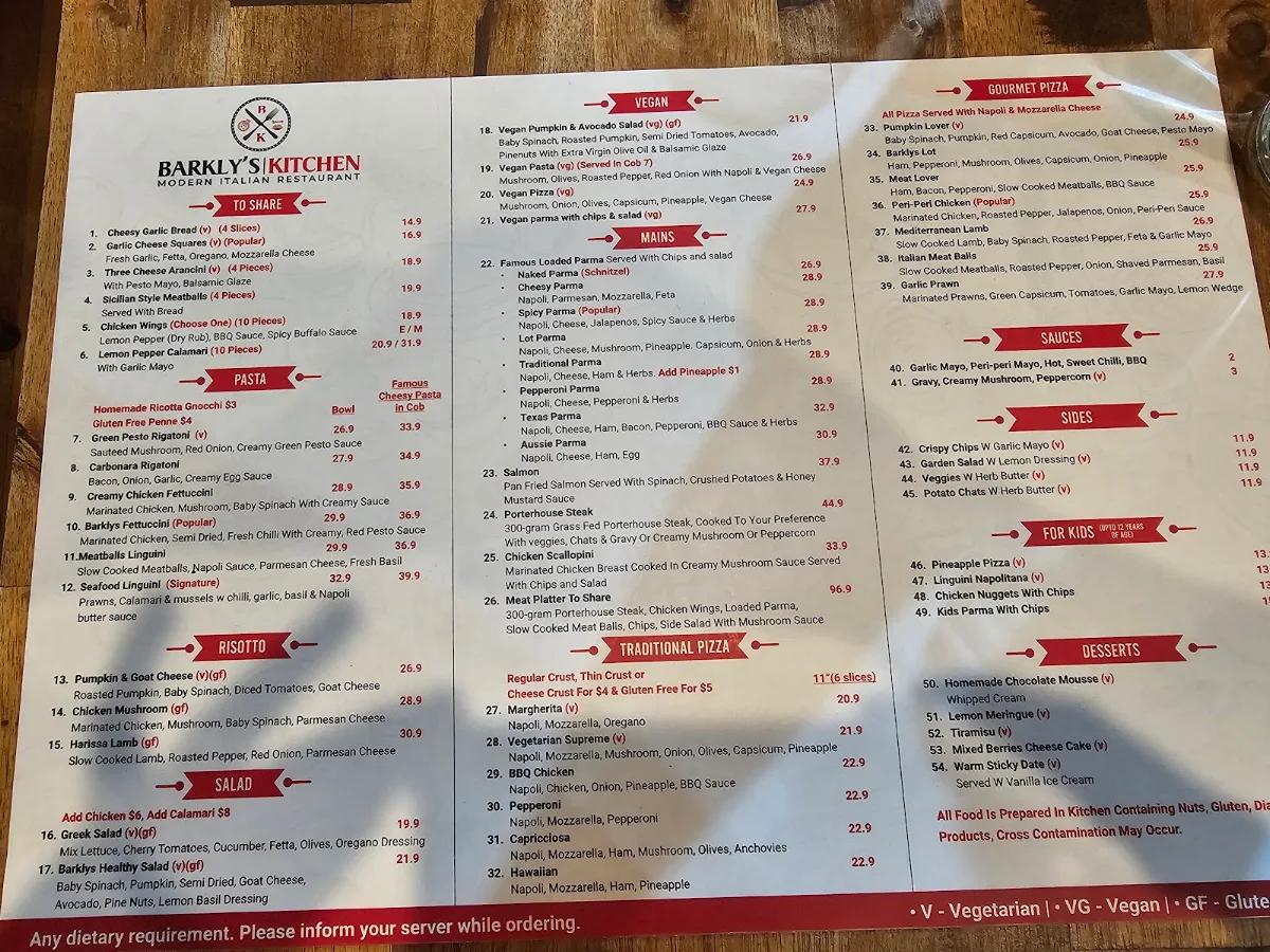 Menu, Barkly's Kitchen