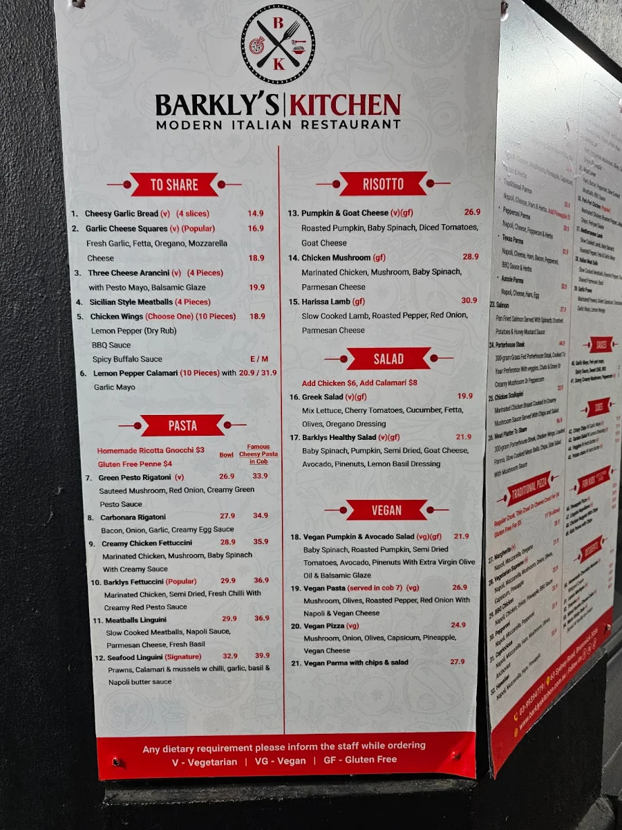 Menu, Barkly's Kitchen
