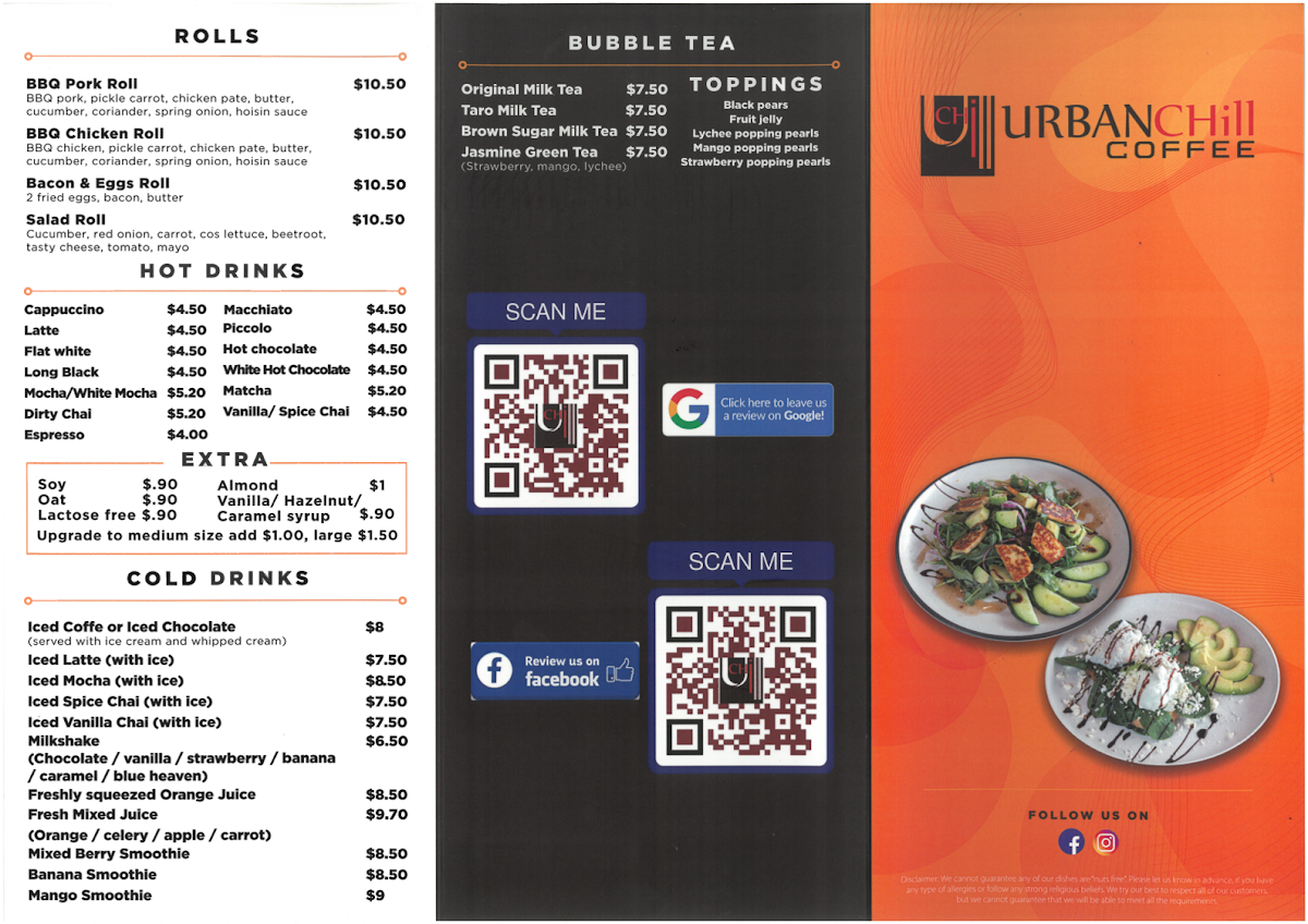 Menu, Urban Chill Cafe