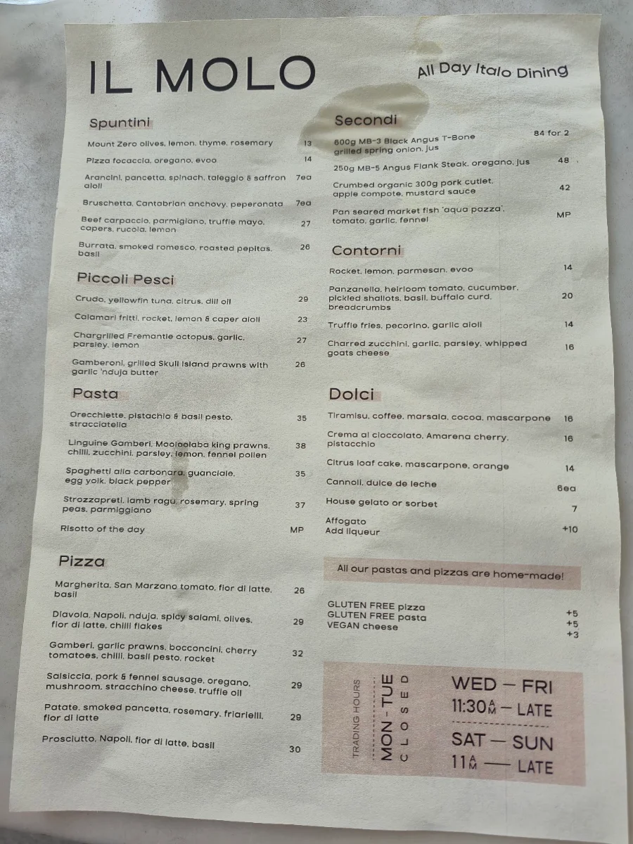 Menu, IL MOLO Italian Kitchen & Bar