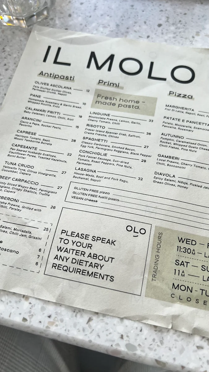 Menu, IL MOLO Italian Kitchen & Bar