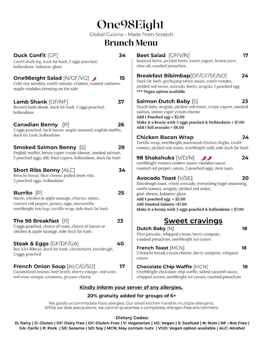Menu, One98eight Restaurant