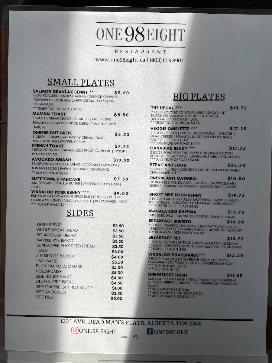 Menu, One98eight Restaurant