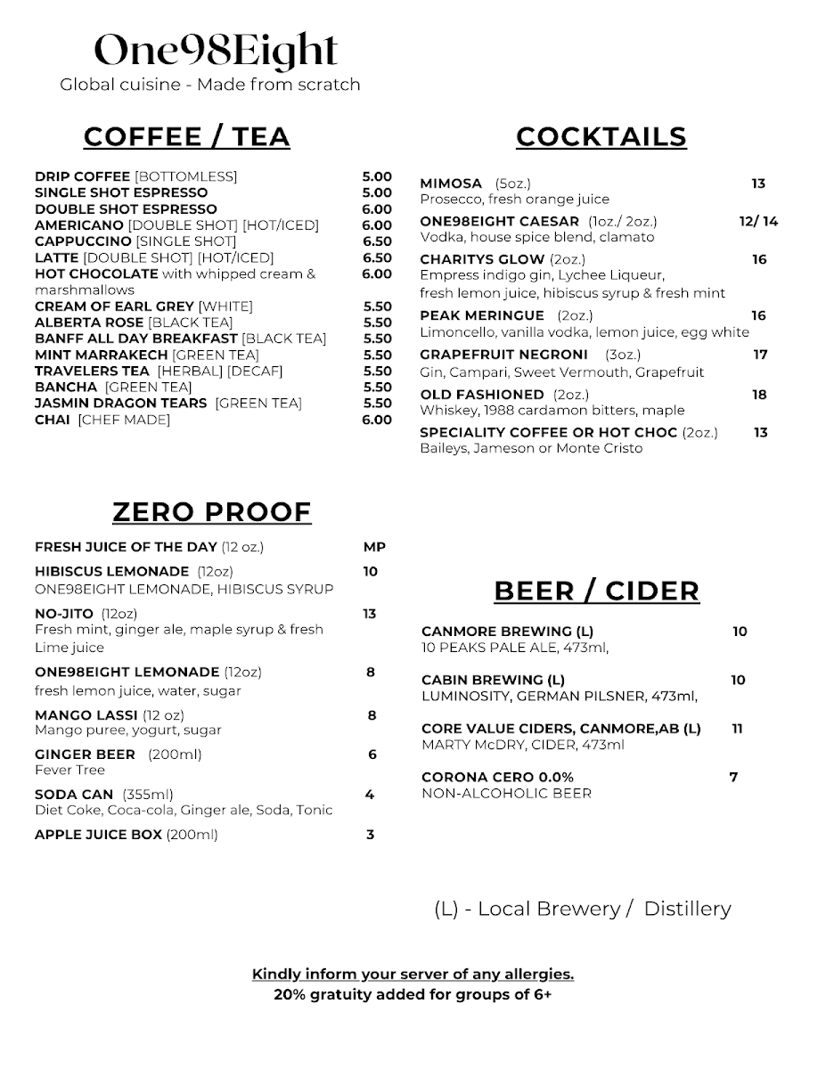 Menu, One98eight Restaurant