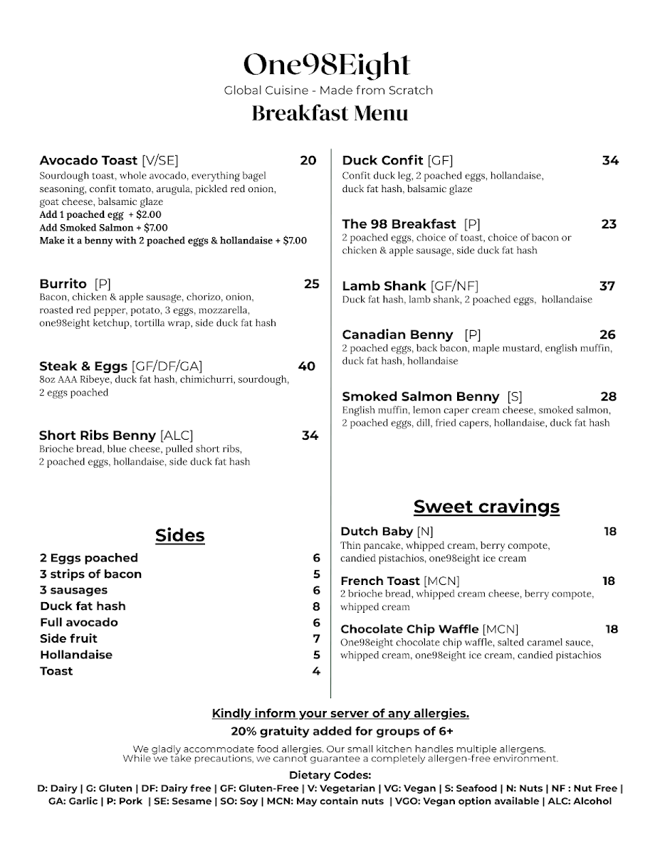 Menu, One98eight Restaurant