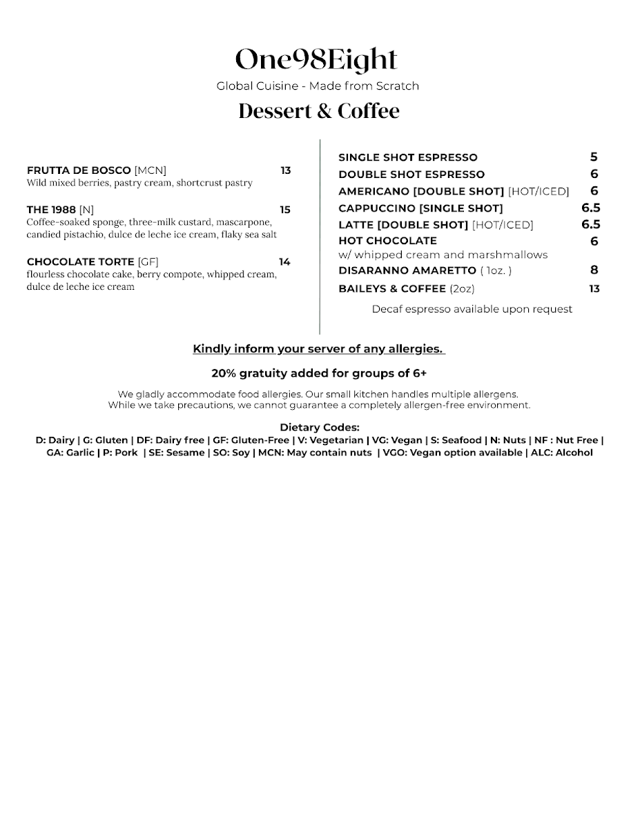 Menu, One98eight Restaurant